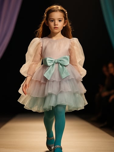 Wide editorial frame — a child in full runway-ready styling standing mid-stride at the end of a runway aisle, warm studio strobes casting dramatic side light, lavender and teal fabric elements in the background, parents blurred in the audience beyond, shot from slightly below to convey presence and height