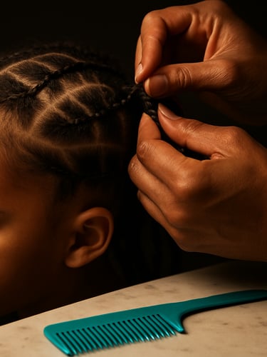 Close-up of stylist's hands braiding a child's hair in tight geometric sections on a dark studio background, warm strobe light catching each strand, teal comb resting on a white marble ledge in the lower corner