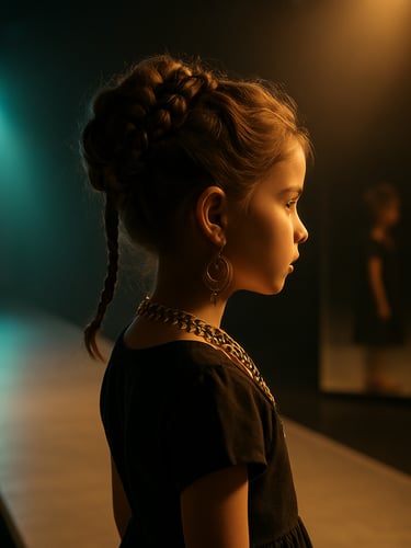 Close editorial frame, young child in full styled hair standing at the edge of a runway, warm studio strobe light catching intricate braids and gold accessories, mirror reflection visible in the background, teal and lavender light spilling from stage left