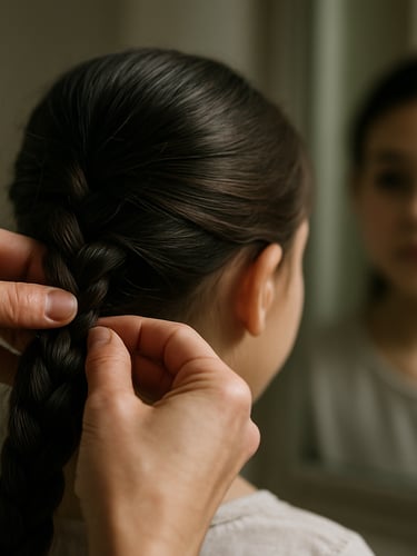 Close-up of a stylist's hands braiding a child's hair, fingers threading dark strands under natural north-facing window light, a mirror reflection blurred softly in the background revealing the child's expression of quiet wonder, shallow depth of field