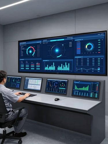 Crisp architectural photography of a modern building management control room, where an engineer monitors real-time energy dashboards on a screen, cool blue tones, 35mm