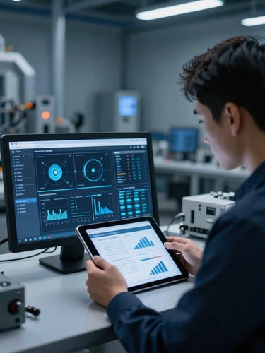 An engineer analyzing system dashboards on a tablet in a real mechanical room, cool crisp lighting, deep blue tones, 35mm