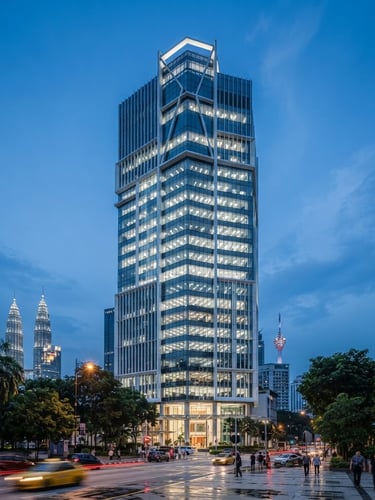 Crisp architectural photograph of a modern 30-story commercial tower exterior in Kuala Lumpur, cool blue twilight sky, sharp focus, 35mm