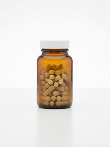 Centered straight-on shot of a single amber glass bottle containing clinical capsules, resting on a stark white clinical laboratory bench under bright studio lighting, sharp focus, 85mm
