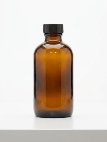 Centered straight-on product shot of a single amber glass bottle of Aevum Clinical supplements on a stark white clinical surface, high-key studio lighting, sharp focus, 85mm