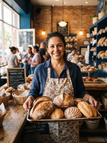 Approachable portrait of a proud Latina bakery owner in her sunlit shop, holding a tray of fresh bread, warm editorial photography, natural daylight, shallow depth of field
