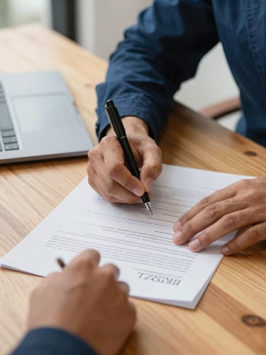 Close-up of hands signing legal LLC registration documents on a clean wooden desk with a laptop nearby, warm natural daylight, shallow depth of field