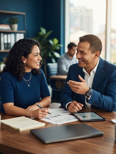 Warm editorial photo of a Latino financial advisor talking approachably with a client in a sunlit modern office, shallow depth of field, natural daylight, rich deep blue tones