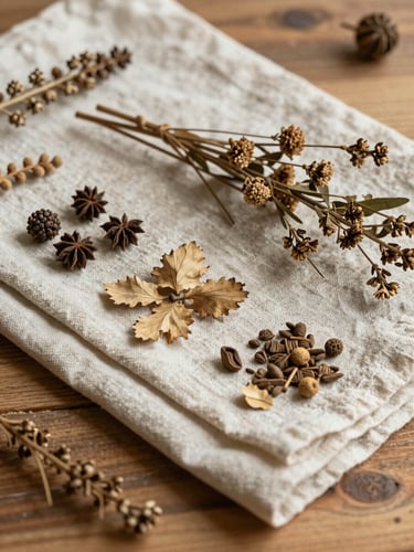 Macro detail of dried botanicals and linen fabrics layered on a wooden table, soft overcast daylight with gentle natural shadows, warm pastoral tones