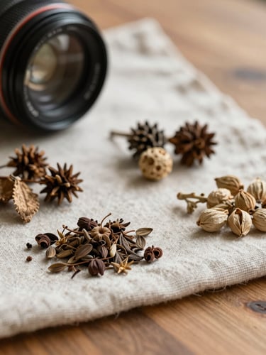 Macro photograph of dried botanicals and raw linen fabric on a wooden table, soft morning light, shallow depth of field