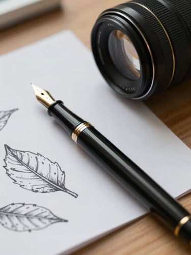 Close-up of design tools, a classic dip pen, and ink drawings of leaves on a wooden table, soft overcast daylight