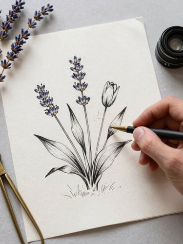 A flat lay of hand-drawn botanical ink sketches on raw cotton paper, surrounded by dried lavender stems and vintage brass drafting tools under soft morning light.