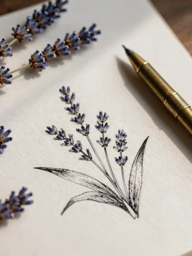 A close-up flat lay of hand-drawn botanical ink sketches on textured raw paper, surrounded by dried lavender stems and a vintage brass drafting pen, soft morning light casting long gentle shadows.