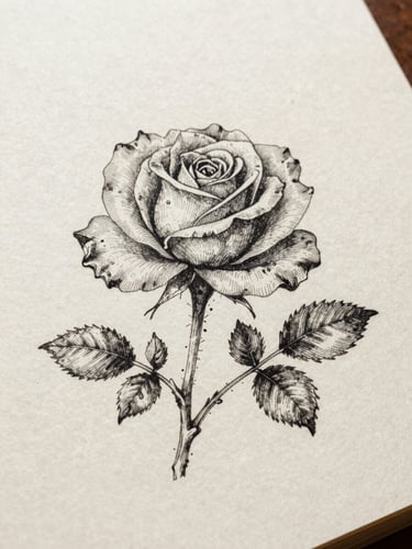 An ink sketch of a delicate rose branch on textured handmade paper, soft diffused daylight, macro detail