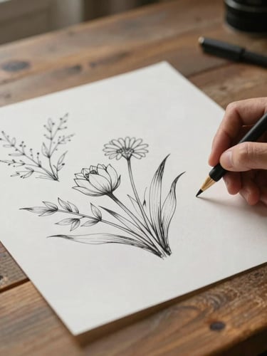 Wide off-center composition of raw paper textures and hand-drawn ink botanical sketches on a rustic wooden table, soft diffused morning light with gentle natural shadows