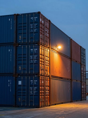 High-contrast macro shot of heavy steel shipping containers stacked in a port at dusk, illuminated by sharp orange industrial floodlights, cool blue ambient light.