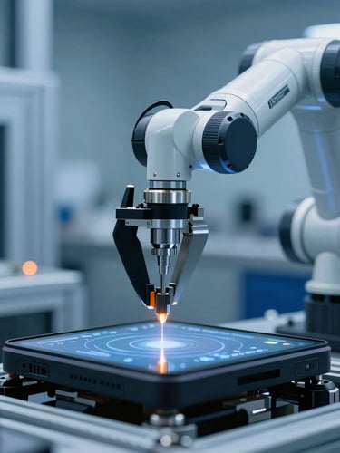 Macro close-up of a robotic arm calibrating a smart device on an assembly line, cool blue industrial lighting with a sharp orange indicator light, high contrast.
