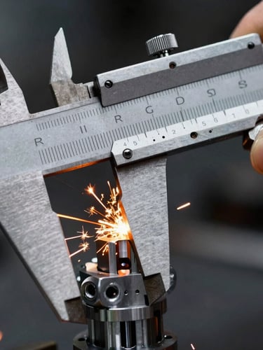 Extreme macro close-up of high-precision metal calipers measuring a physical robotic joint prototype, high-contrast industrial lighting with warm orange sparks.