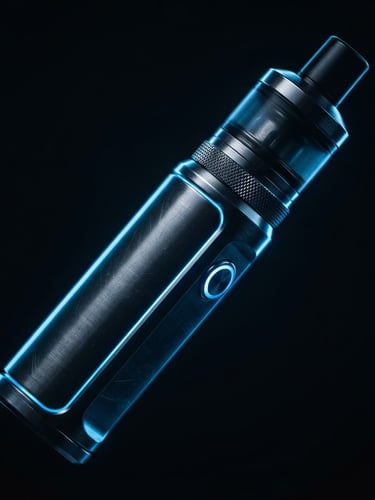 Macro shot of a sleek metallic vape device with electric blue rim lighting, dark studio product photography, 8k resolution