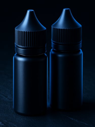 Minimalist premium e-liquid bottles on dark slate surfaces, dramatic electric blue rim lighting, macro shot