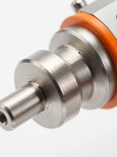 Macro close-up of a digital micrometer measuring a freshly machined titanium component with sharp metallic reflections and high-key studio lighting, vivid orange accent light.