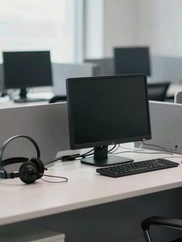 Wide shot of an organized corporate workspace, sleek desks with high-end audio headsets and technology, bright daylight through large windows, clean slate and navy tones.