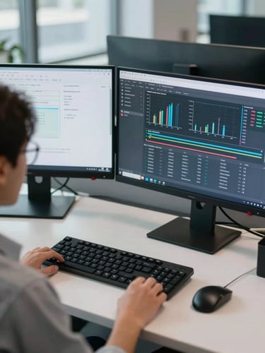 Over-the-shoulder shot of a clean, modern workstation, dual monitors displaying blurred analytical charts, cool natural office light reflecting off glass surfaces, professional tech environment.