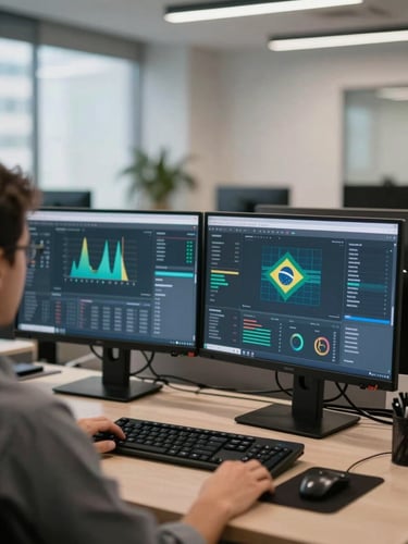 Over-the-shoulder shot of a clean, modern corporate workspace in Brazil, dual monitors showing abstract data visualizations blurred for privacy, cool natural office lighting.