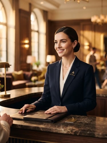 Elegant medium-close up of an immaculately dressed receptionist in a luxury hotel lobby, warm golden-hour window light, shallow depth of field, 35mm