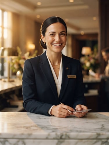 Elegant medium close-up of a professional hotel receptionist in a tailored dark suit, smiling warmly behind a polished marble counter, soft golden-hour light, 35mm editorial photography.