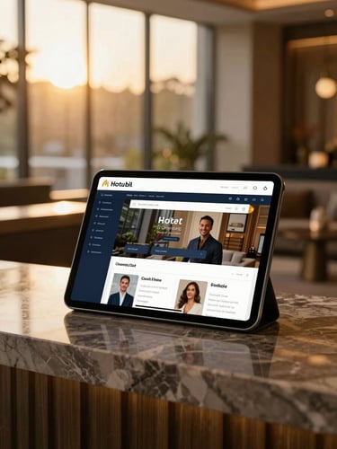 A clean modern tablet displaying a sophisticated hotel guest chat interface on a polished marble reception desk, warm golden-hour side light, shallow depth of field, luxury hotel lobby background