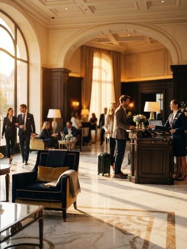Wide editorial shot of a luxurious 5-star hotel lobby, warm golden-hour window light casting long shadows on polished marble floors, a professional receptionist in a tailored dark suit welcoming guests in the background, shallow depth of field, 35mm.