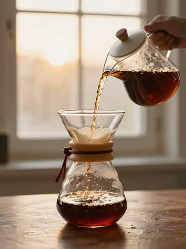 Warm editorial photography of a hand pouring hot water over a glass Chemex brewer, soft golden-hour window light, rich coffee and cream tones, shallow depth of field, 35mm
