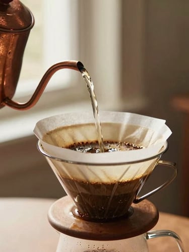 Close-up of hot water pouring from a copper gooseneck kettle into a Chemex brewer, rich coffee dripping through thick white paper filter, soft side light, warm editorial style