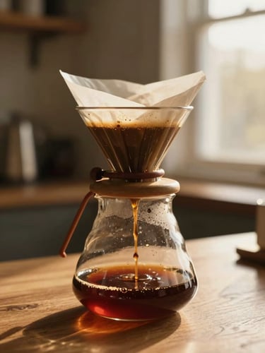 warm editorial photography, close-up of a Chemex coffee maker dripping slowly on a wooden counter, soft golden-hour window light, 35mm