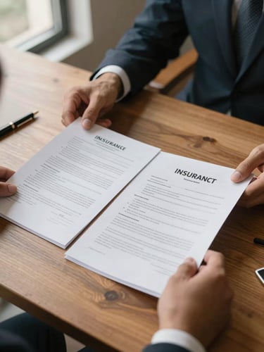 Close-up of an agent's hands spreading out two open insurance policy documents side by side on a wooden desk, natural window light from the left, pen resting nearby, warm office tones