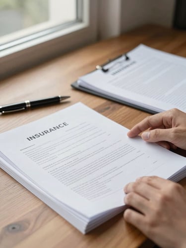 Close-up of hands turning through a multi-page insurance policy document on a wooden desk, natural side window light catching the paper edges, a pen resting alongside, another open folder visible softly out of focus in the background