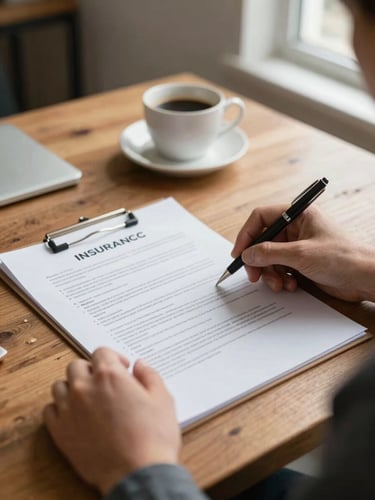 Close-up over-the-shoulder view of an insurance agent's hands pointing to a specific clause on a printed policy document resting on a worn wood desk, natural window light from the right, coffee cup and pen in soft background focus, warm office tones