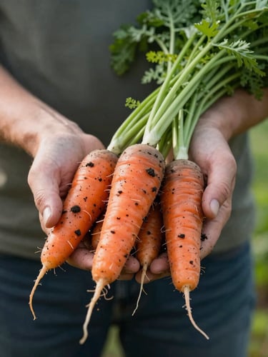 Close-up of farmer hands holding freshly harvested heirloom carrots with soil still attached, soft diffused morning side-light, shallow depth of field.