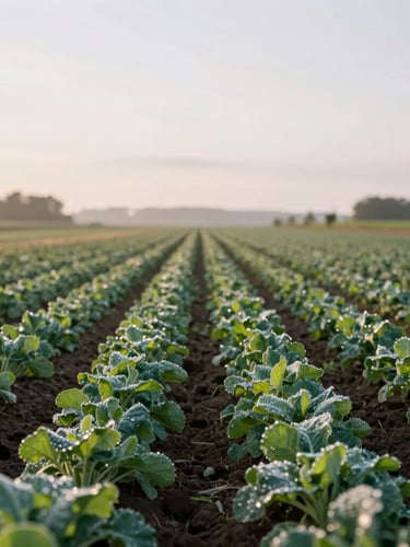 Soft morning daylight over a wide Scandinavian-style organic farm field, rows of green crops with dew, low horizon, 35mm.