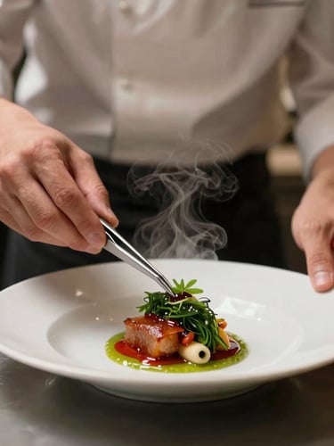 Close-up portrait of a professional chef plating a delicate dish behind the pass, steam rising under warm diffused kitchen lights, hands holding plating tweezers, shallow depth of field, 35mm cozy editorial photography.
