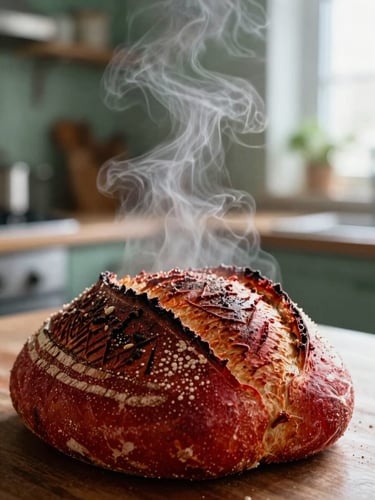 Close-up of steam rising from a fresh sourdough loaf in a cozy Scandinavian kitchen, soft morning side-light, rich crimson tones, shallow depth of field, 35mm photography