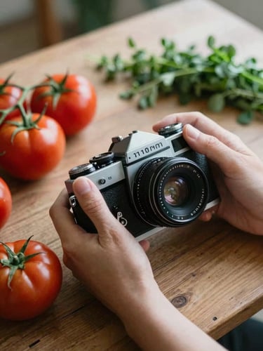 Soft natural morning daylight illuminating hands holding a vintage camera over a rustic wooden table styled with raw heirloom tomatoes and fresh herbs, 35mm photography.