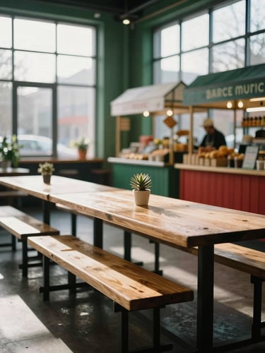 Cozy Scandinavian-style food hall with natural morning light streaming through high windows, long wooden communal tables, and vibrant food stalls in the background, 35mm photography.