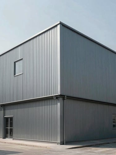 Architectural elevation of a modern metal processing plant, strict orthogonal lines, quiet and empty, objective cool daylight.