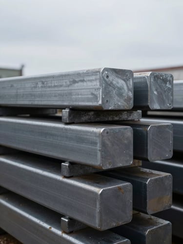 Macro shot of raw industrial steel ingots stacked in absolute order, cool overcast daylight, extreme close-up of metal textures.