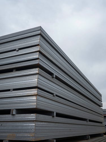 Orthogonal close-up of heavy stacked raw steel plates, cool overcast daylight reflecting off the clean metallic edges, industrial precision, negative space on the right.