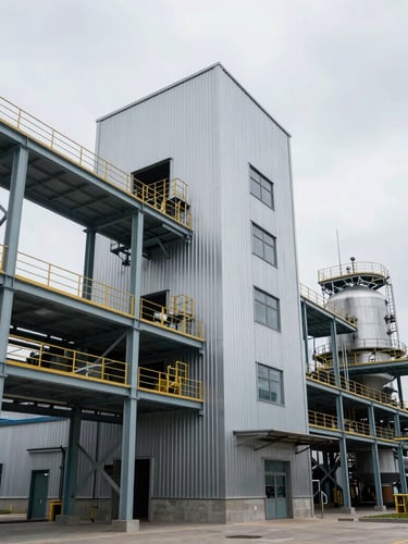 Orthogonal architectural elevation of a modern metal processing plant under cool overcast daylight, clean steel structures, no people