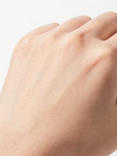 Crisp macro shot of clean skin texture under sharp clinical studio light, stark white background, showing natural pores and adaptive pigment blending perfectly