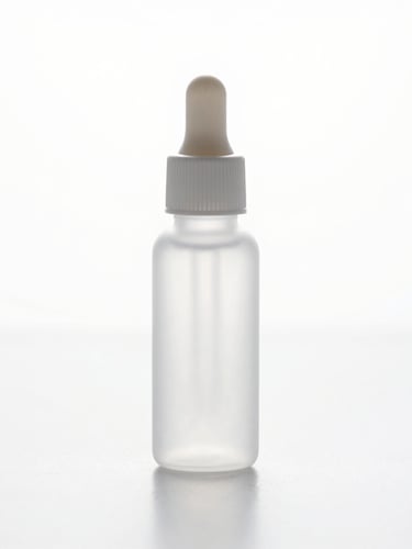 Crisp high-key product photography of a sleek translucent dropper bottle on a clean, reflective white surface, sharp clinical studio light, stark white background, macro depth of field